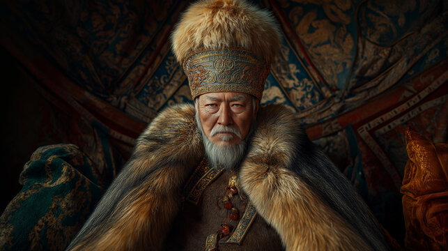 Majestic portrait of a Tatar-Mongol leader in traditional attire from the 13th century, showcasing rich cultural heritage and artistry