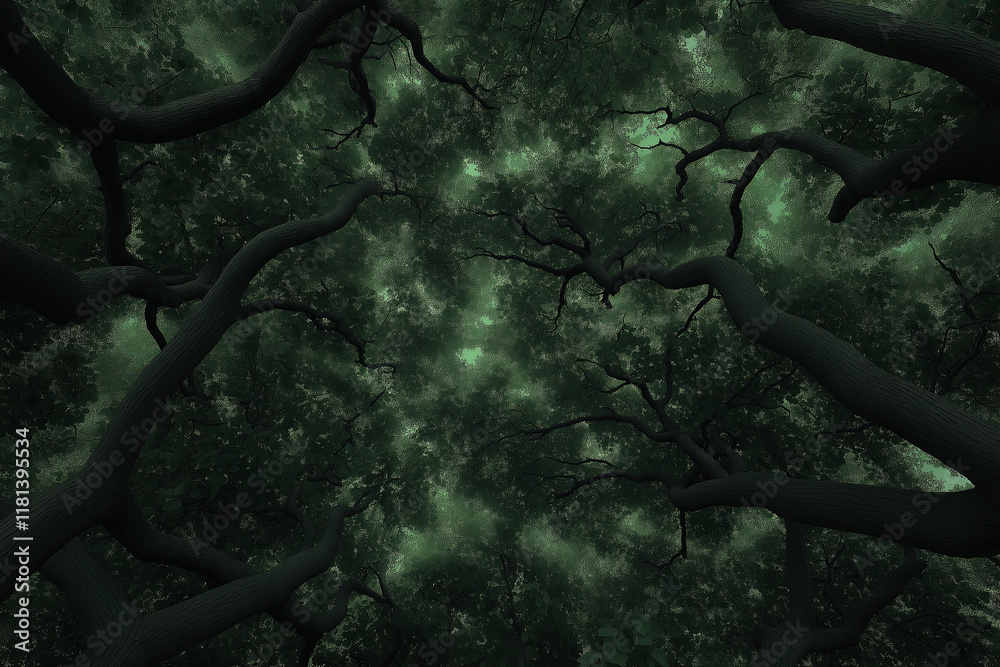 Poster a fractal forest canopy viewed from above, with infinite layers of leaves