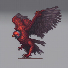 Red bird in flight, pixel art style on a gray backdrop.