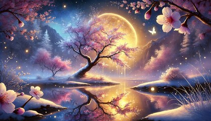 A tranquil horizontal fantasy painting depicting snow-covered cherry blossoms in full bloom under a golden moonlight on a serene night