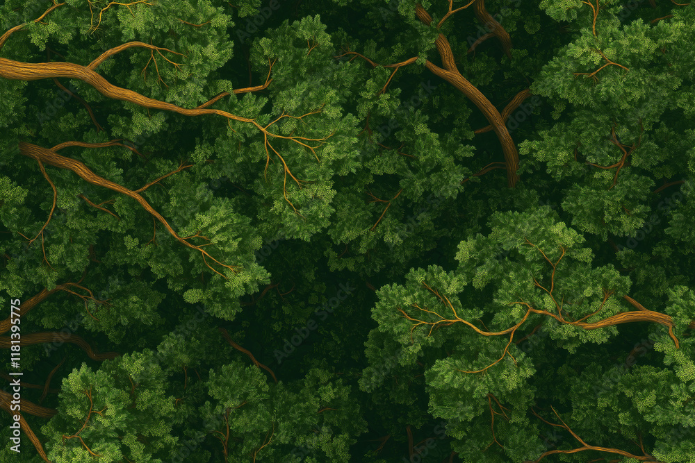 Poster a fractal forest canopy viewed from above, with infinite layers of leaves