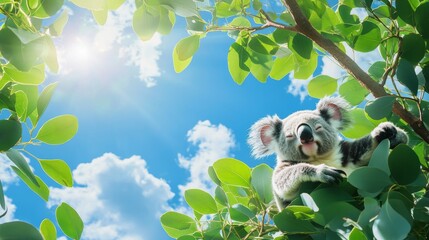 A koala clings happily to a branch, surrounded by lush green foliage. Sunlight filters through the leaves, creating a serene and tranquil atmosphere in the beautiful Australian landscape.