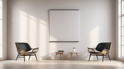Obraz premium minimal living room, pearl color wall background with armchair, and blank poster frame