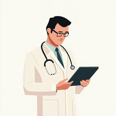 Fototapeta premium doctor in white coat uses tablet for patient care, showcasing modern medical practices. scene reflects professionalism and dedication to healthcare