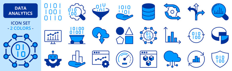 Icons in two colors about data analytics. Technology concept.