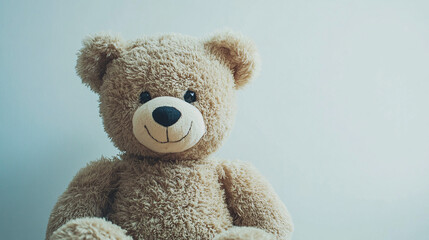 Obraz premium A close-up of a fluffy brown teddy bear with a warm smile against a soft neutral background evoking childhood nostalgia and comfort 