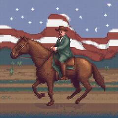 Pixel art depicting a man on a brown horse