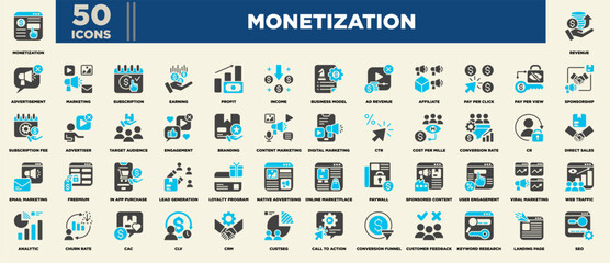 Monetization Icon Set Blue Grey Glyph