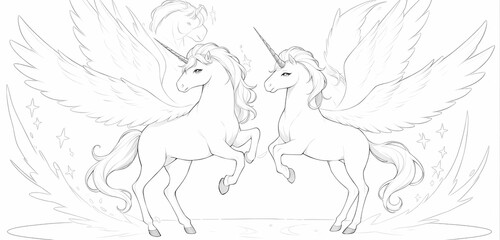 Obraz premium Two majestic unicorns stand facing each other, one with its front legs raised high in a powerful stance, its horn shining brightly, while the other unicorn stands calmly, its horn glowing softly.
