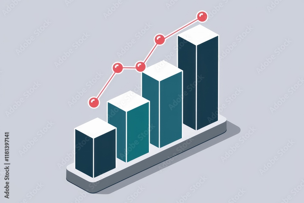 Aufkleber an isometric bar graph with red dots showing upward trend.