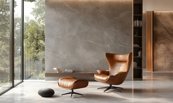 Living room, chair and home interior design with blank wall for apartment design and lifestyle. Cozy, modern and luxury furniture mockup space for art or frame for ideas and, Generative AI