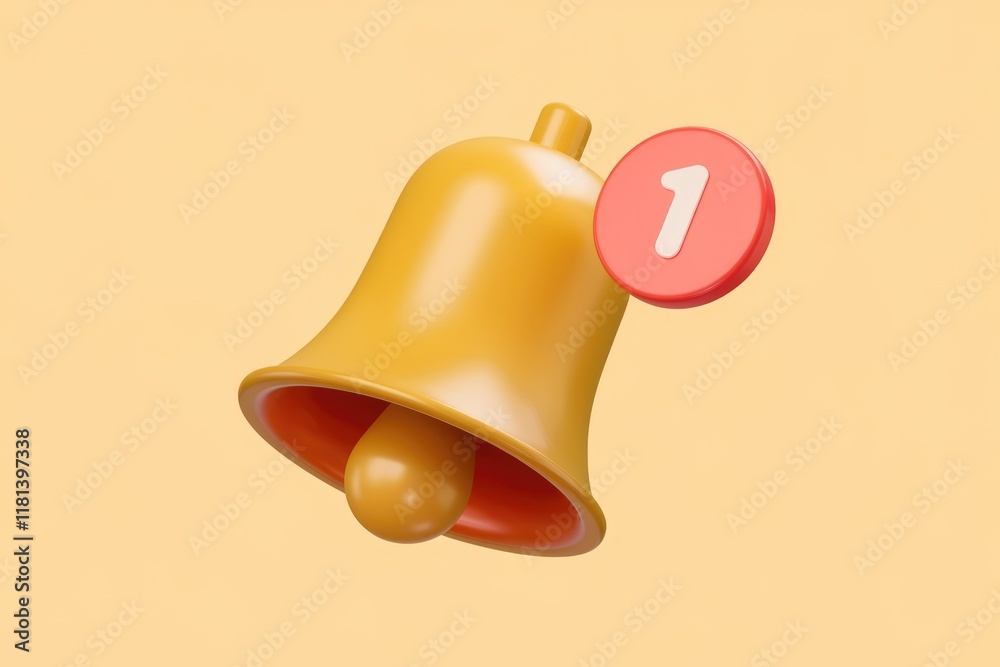 Fototapete a 3d rendered yellow bell with a red notification badge showing one new notification.