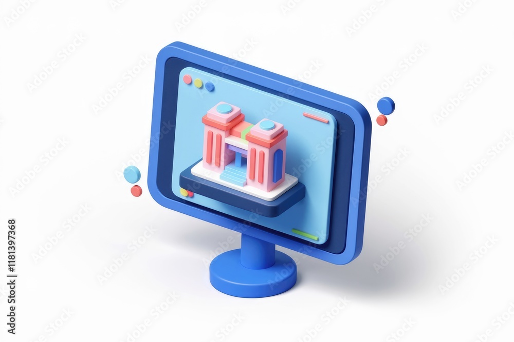 Poster A 3D illustration of a building on a computer screen.