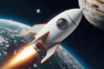 A white rocket with orange trim blasts off from Earth towards a distant planet.