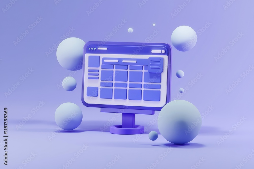 Aufkleber 3D render of a purple computer monitor with a website layout on a purple background