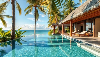 Tropical Paradise:  Palm trees sway gently in the breeze, their fronds casting shadows on the pristine turquoise water of the infinity pool. The luxurious villa.