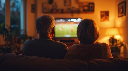 Elderly couple enjoying a cozy evening watching TV together at home, highlighting a warm and relaxed atmosphere with ambient lighting.