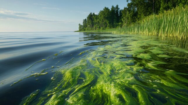 Algae Bloom Under Soft Evening Light on Tranquil Lake