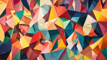 Colorful geometric pattern with cubes, triangles, and origami shapes in a vibrant, rainbow-like design featuring yellow, green, orange, blue, and bright textures for a business concept backdrop