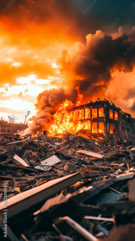 Poster intense fire consuming a building amidst debris and smoke, possibly following a natural disaster or 