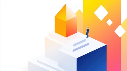 A person stands on a stylized staircase, ascending towards a vibrant geometric structure, symbolizing growth and achievement.