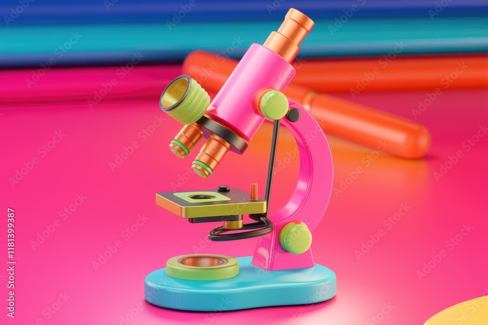Aufkleber A colorful toy microscope on a pink surface with blurred colorful background.