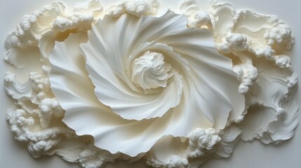 Abstract white swirling floral design, textured 3D relief art.