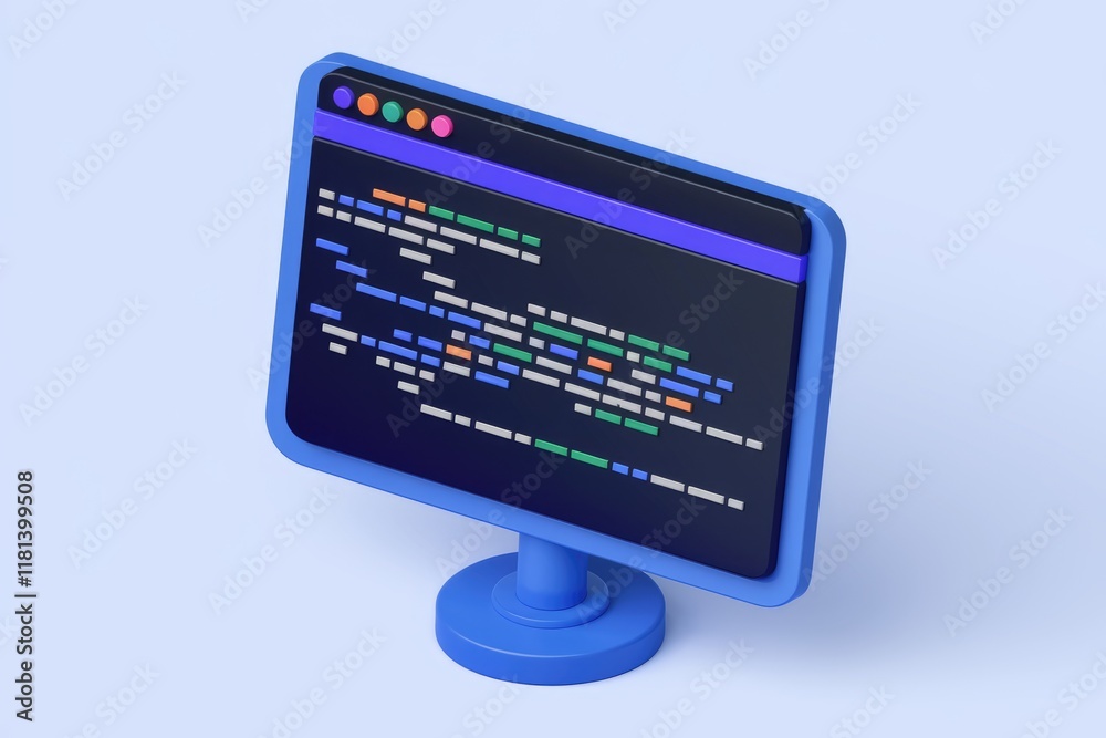 Poster A 3D illustration of a computer monitor displaying code.