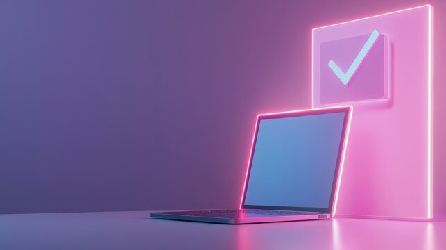 A sleek laptop is illuminated by a pink glow, with a glowing checkmark signifying completion or approval against a soft gradient background.