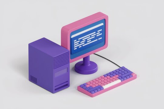 3D illustration of a pink and purple computer setup
