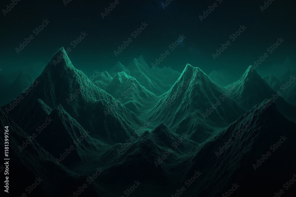 Poster A fractal mountain range with repeating peaks that glow under a starry sky.