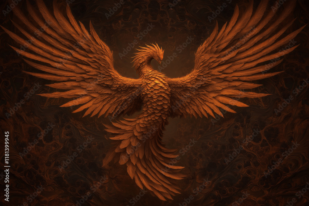 Poster a fractal phoenix rising from flames, its wings forming intricate patterns.