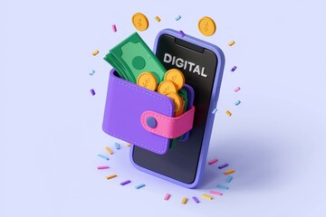 A digital wallet with money and coins inside a smartphone.