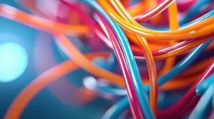 A vibrant close-up of intertwined colorful cables, showcasing a mix of red, blue, and orange strands against a blurred background.