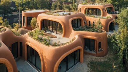 Organic structures, earthen tones, green roofs.