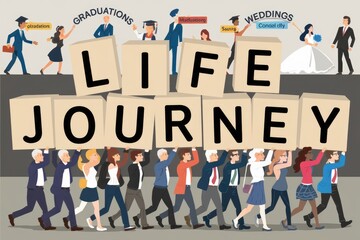People carrying blocks that spell out 'LIFE JOURNEY' representing different stages of life