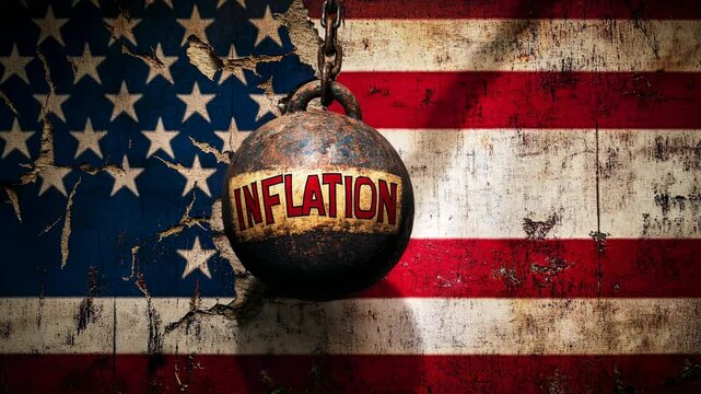 Inflation Crisis Concept: A Rusty Wrecking Ball Crashing Through American Flag Symbolizing Economic Challenges. Grunge Background, Economic Turmoil 4K Video