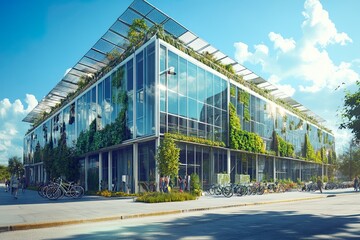 Obraz premium urban building with glass walls, to take advantage of sunlight, vegetation, and bicycles .