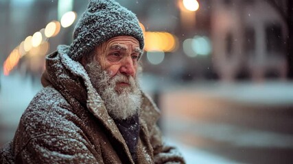 Resilient man in winter: Elderly homeless person in snow, urban setting, emotional portrait amidst falling snow, human experience, 4K stock video