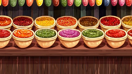 Fototapeta premium Vibrant assortment of colorful sauces and condiments displayed in wooden bowls on a rustic wooden shelf.