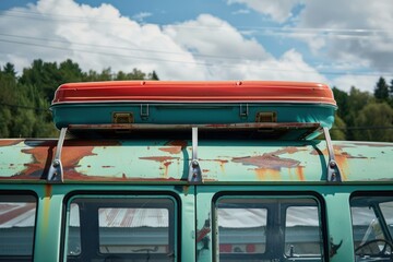 Fototapeta premium Orange and teal vintage van with luggage on roof rack, parked outdoors, ready for a road trip adventure