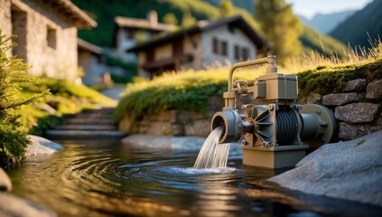 Micro-hydroelectric system in a mountain village, using a small stream drives a compact turbine to generate electricity for the local homes