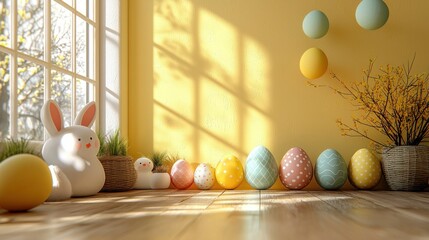Obraz premium Easter eggs and bunny decoration in a sunny room