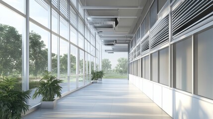 Bright hallway, large windows, plants, sunlight.