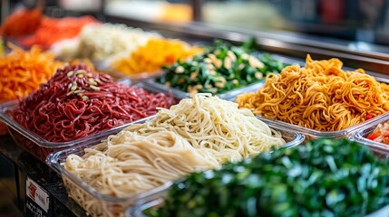 Fototapeta premium Stalls overflowing with a vibrant variety of fresh noodles create a lively atmosphere. The market bustles as shoppers explore the rich colors and scents of culinary delights on offer.