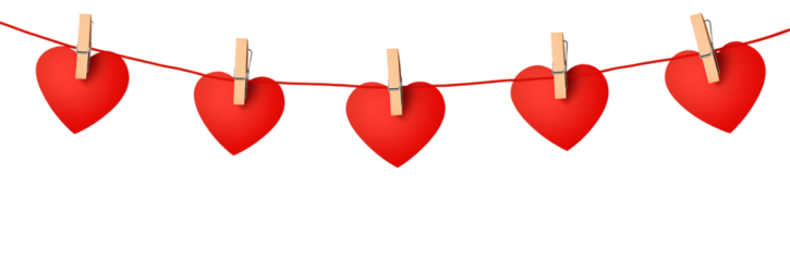 Garland of red paper hearts with clothespins, isolated on a transparent background, PNG