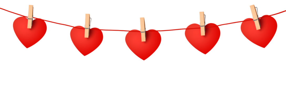 Garland of red paper hearts with clothespins, isolated on a transparent background, PNG - Powered by Adobe