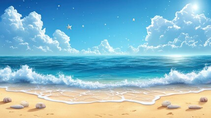Serene Beach Paradise: A Digital Painting of Tranquil Ocean Waves, Soft Sand, and Starry Sky