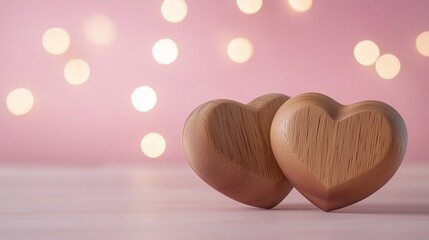 Fototapeta premium Two small handmade crafted wooden hearts on bright lights bokeh background with Copy space, The foreground is detailed with the natural wood grain and texture, a valentines Day romantic theme