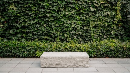A minimalist stone bench in front of a lush green ivy wall, creating a serene and natural atmosphere.